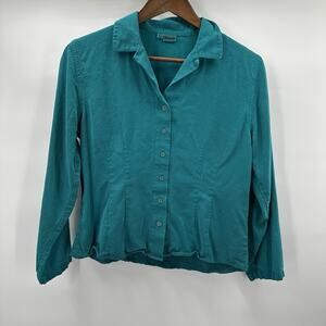 Tianello Top Shirt Womens Small Blue Teal Rayon Button Front Resort Tropical Art